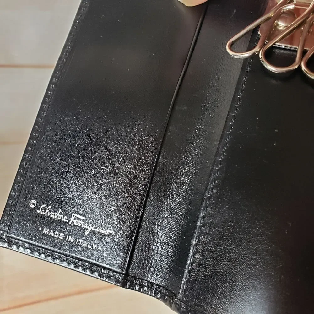 Authentic Salvatore Ferragamo Leather Keyholder Black Silver Tone Hardware Unise